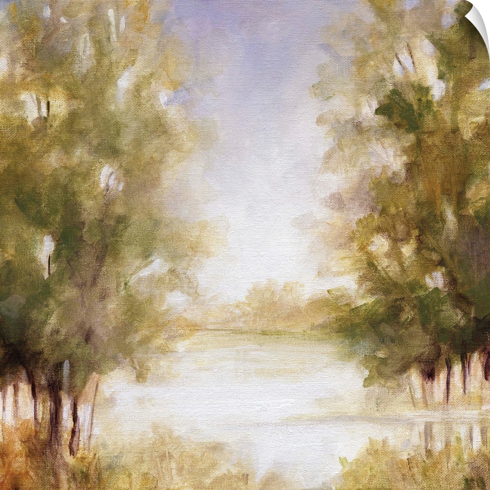 Broad brushstrokes create a small wooded area with clearing in the center.