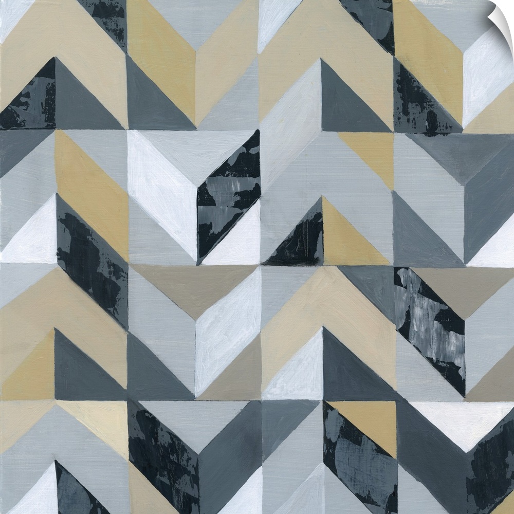 Geometric abstract art with shapes coming together to make a zig-zag pattern in shades of gray, blue, and gold on a square...
