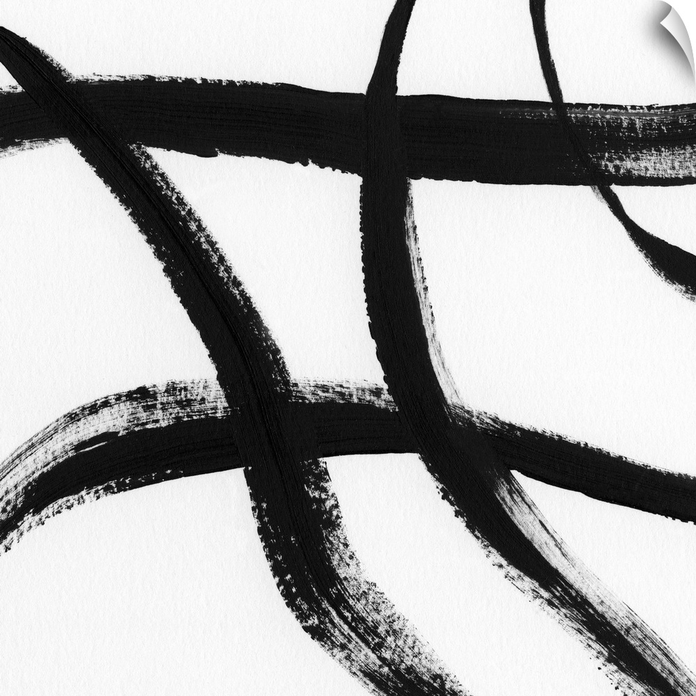 Square black and white abstract painting with thick, bold, crossing lines.