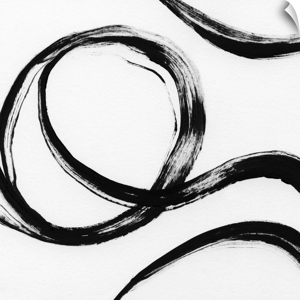 Square black and white abstract painting with thick, bold, curvy lines.