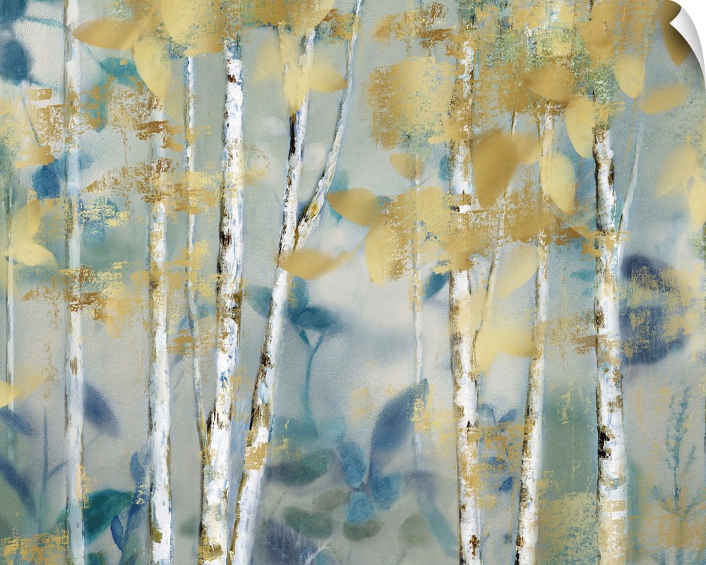 Abstract painting of a forest filled with gold and blue toned leaves.