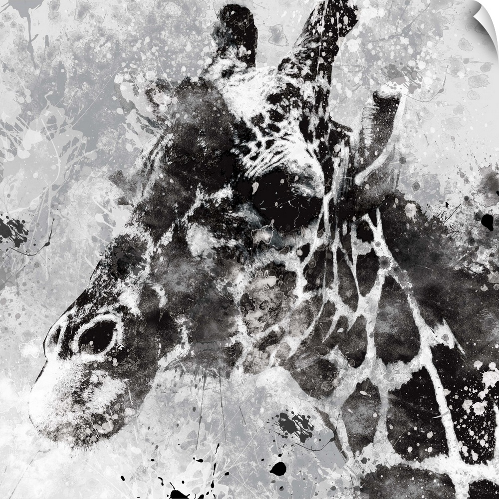Contemporary artwork of a giraffe against a textured looking background with an overall grungy and distressed look.