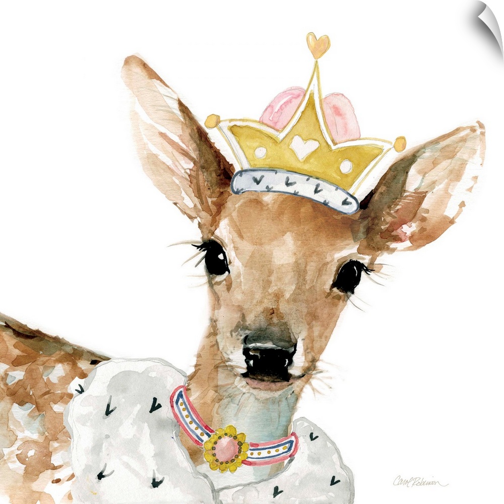 Cute watercolor painting of a fawn wearing a princess crown and jewels on a solid white, square background.