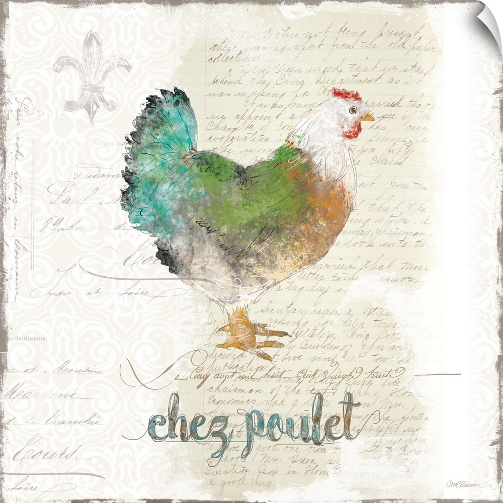 A decorative painting of a colorful chicken with a background that is beige with white deigns and a handwritten letter.