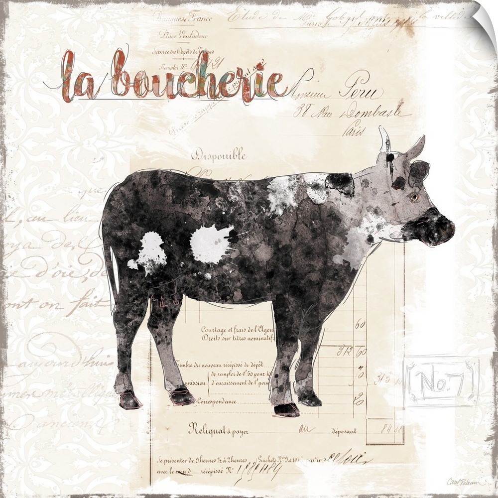 A decorative painting of cow with a background that is beige with white deigns and a French writing.
