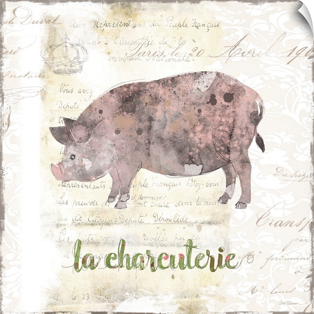 A decorative painting of pink, black, and grey pig with a background that is beige with white deigns and a French writing.