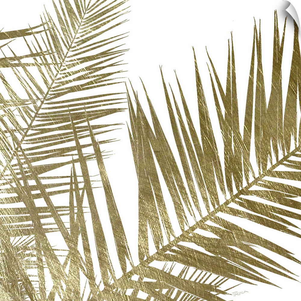 Square art with gold metallic palm fronds on a solid white background.