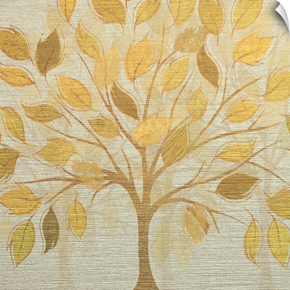 Square illustration of a metallic gold tree with large leaves on a silver textured background made up of small horizontal ...
