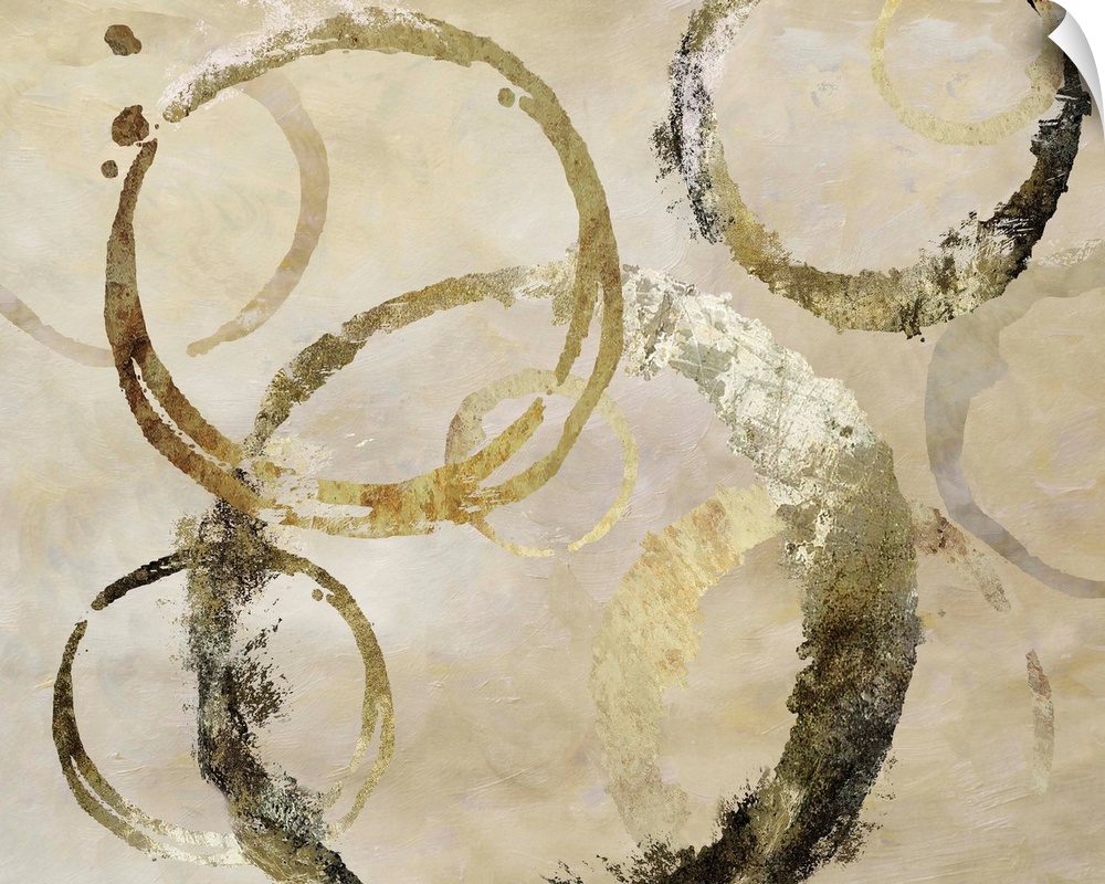 Geometric abstract painting with distressed golden, dark gray and beige rings against a neutral textured background.