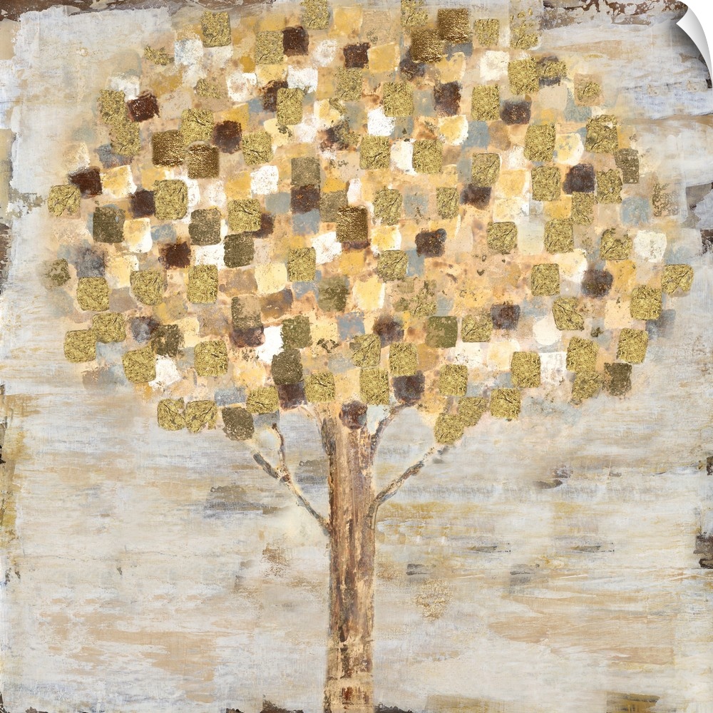 Contemporary painting of a stylized tree with gold and white leaves on a weathered background.