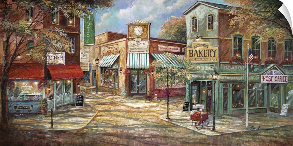 Large contemporary painting of storefronts in an American town.