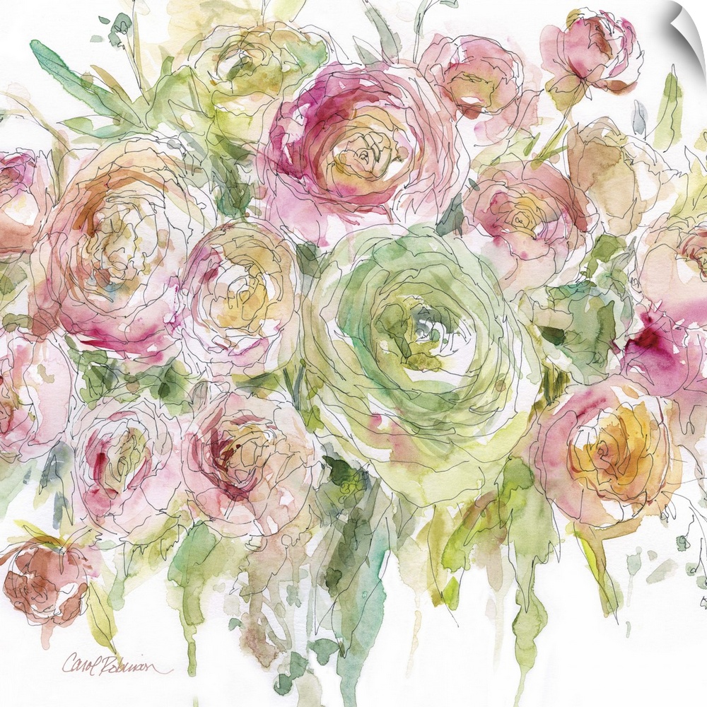 A watercolor painting of a bouquet of flowers.