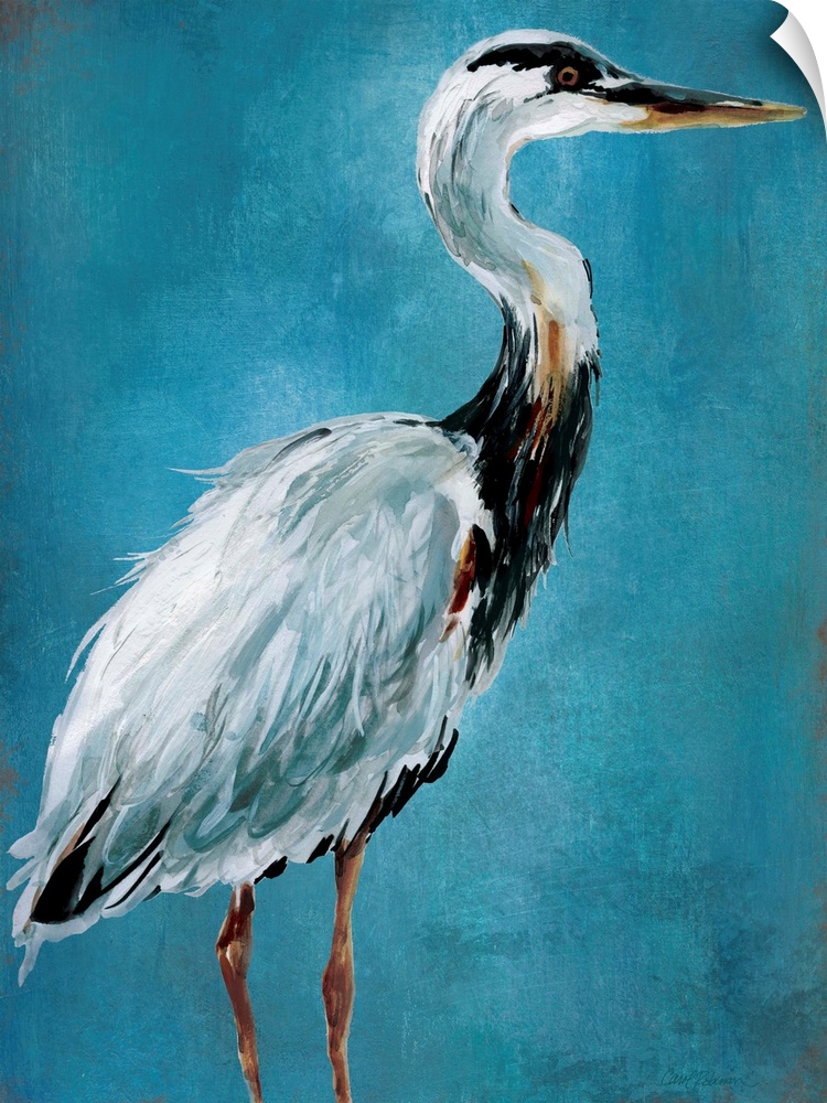 Contemporary painting of a blue heron on a blue background.