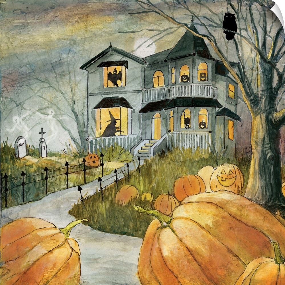 A spooky haunted house with figures in the windows surrounded by pumpkins.