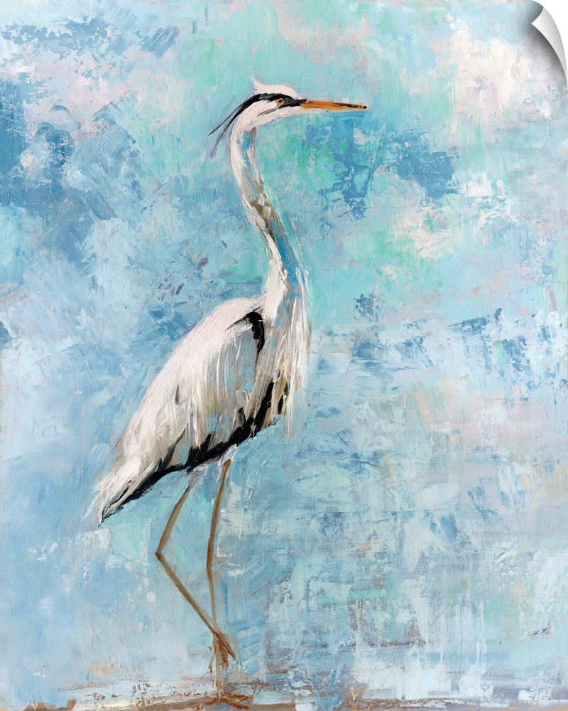 Vertical contemporary art comprised of vigorous thick brush strokes to create a thoughtful heron.