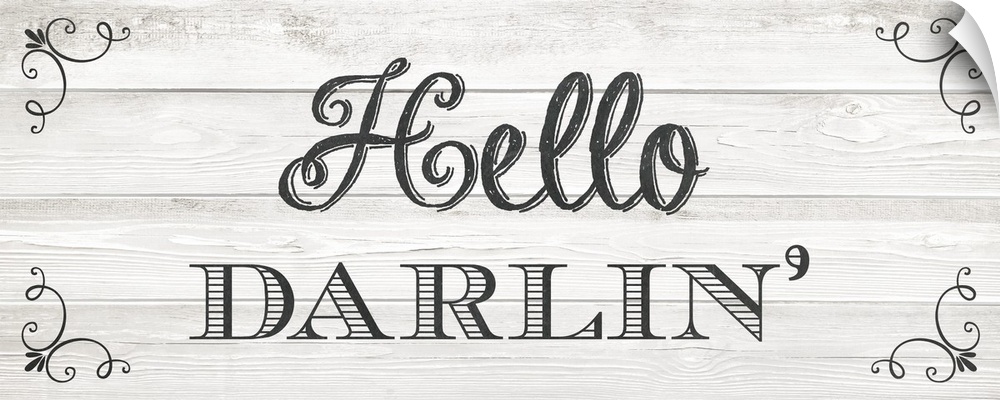 The southern sentiment "Hello darlin'" is black text placed on a faux wood texture adorned with embellishments in each cor...