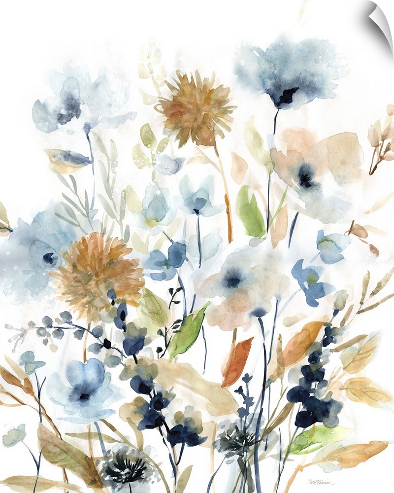 Watercolor painting of wildflowers in earthy colors on a white background.
