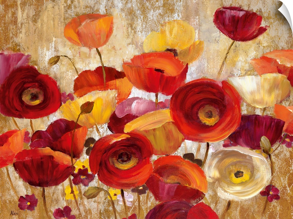 Beautiful contemporary artwork of blooming flowers that are painted against a neutral background.