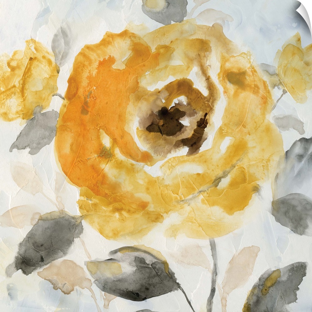 Contemporary painting of a deep yellow flower with grey leaves.
