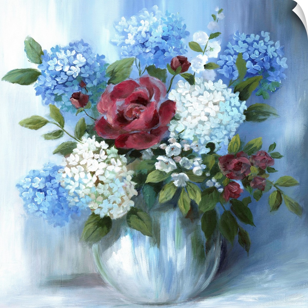 Square still life painting of a floral arrangement with blue tones.
