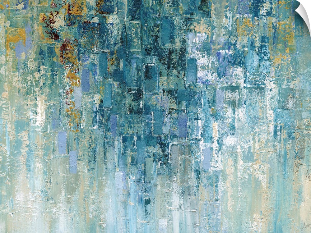 Contemporary abstract art in cool colors with cascading shapes.