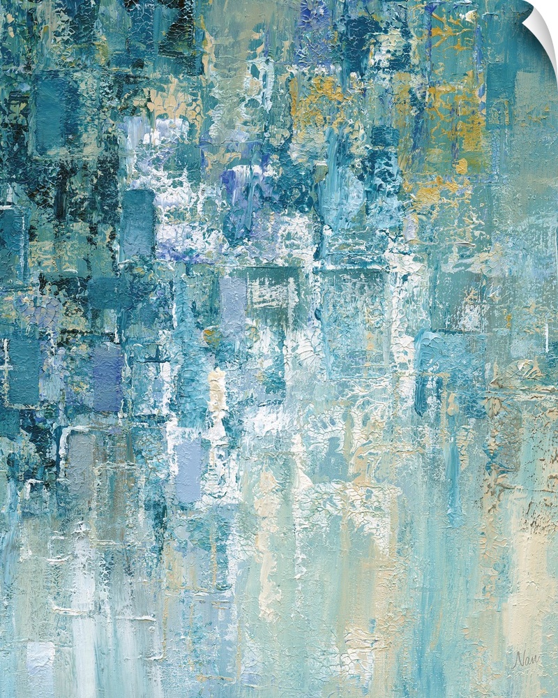 Vertical abstract painting comprised of cascading heavy textured painted rectangles in shades of blue, beige, and yellow.