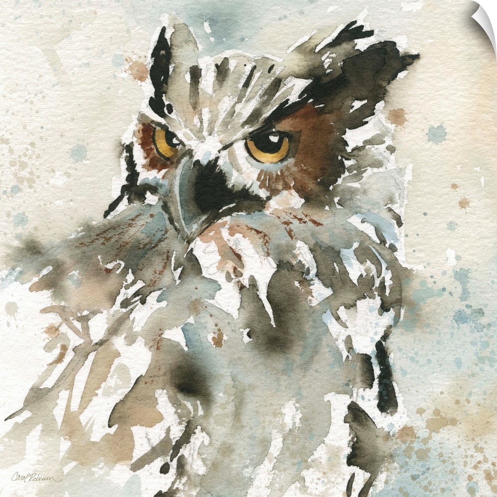 A watercolor painting of an abstract owl with a neutral background that has paint splattered on it.