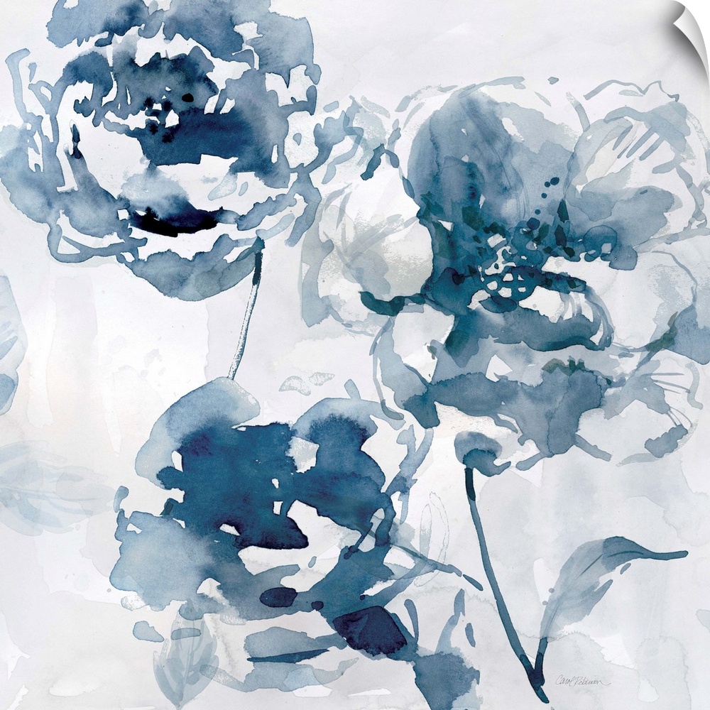A square abstract watercolor painting of blue flowers.