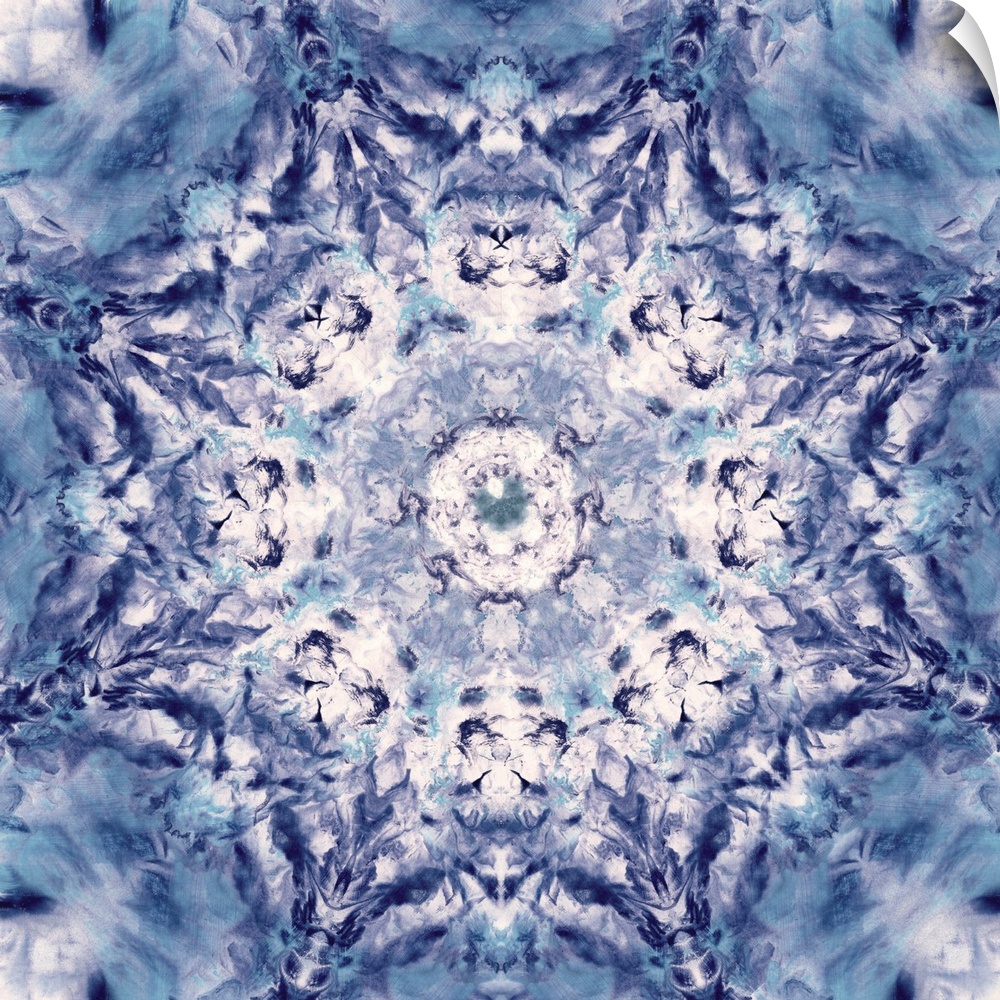 Square abstract art in shades of blue and white hues with kaleidoscope-like patterns and designs.