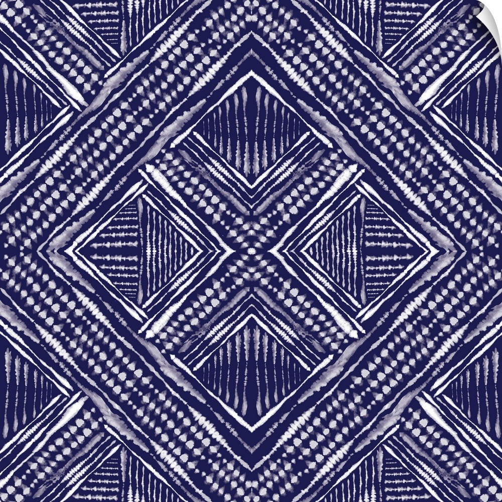 Square abstract art in indigo and white hues with kaleidoscope-like patterns and designs.