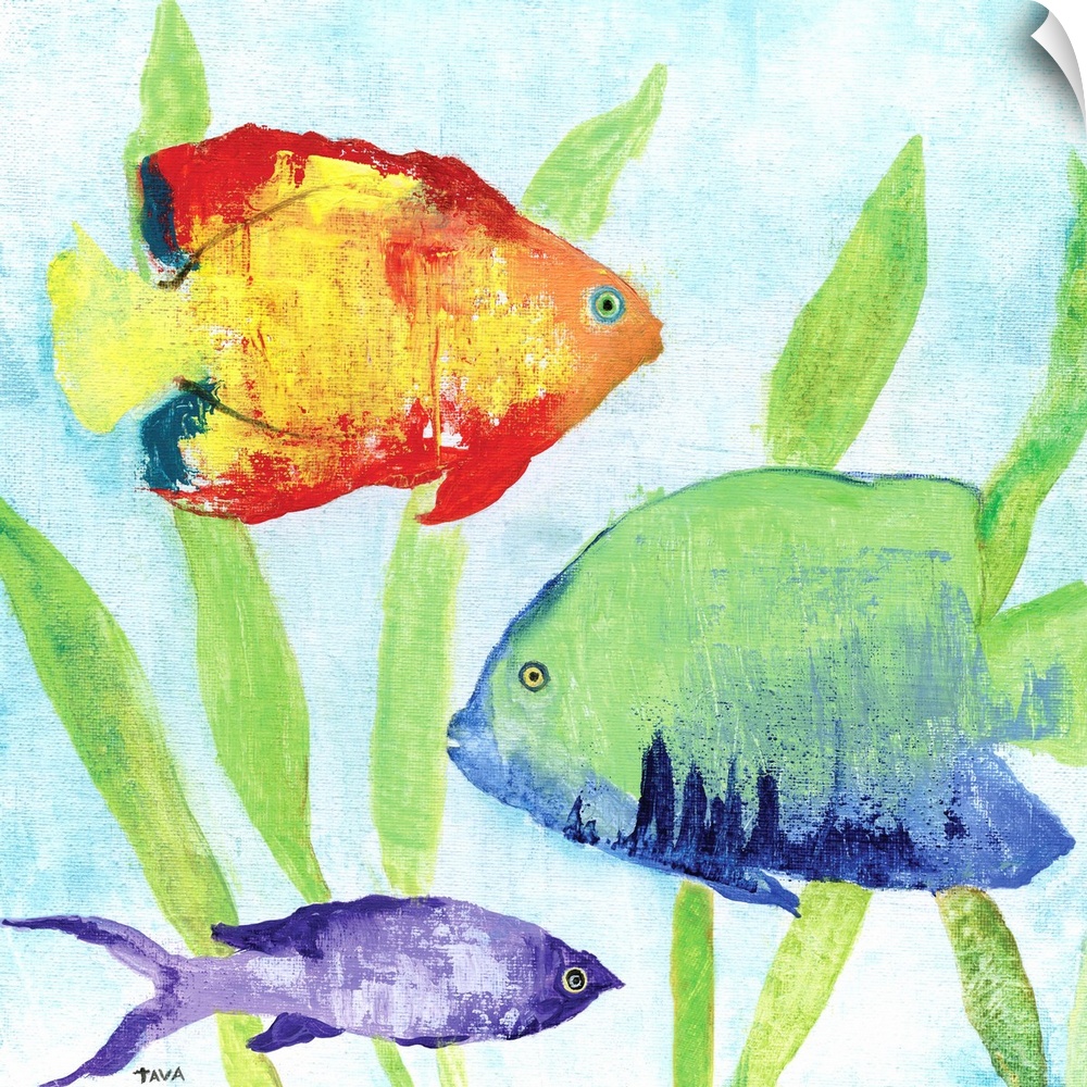 A painting of brightly colored fishes that are swimming near seaweed.