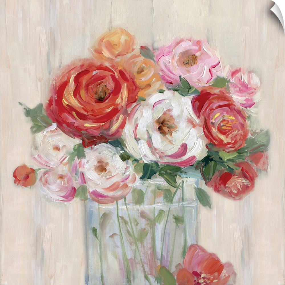 Square painting of pink, orange, white, and red flowers neatly arranged in a glass vase on a neutral colored background.