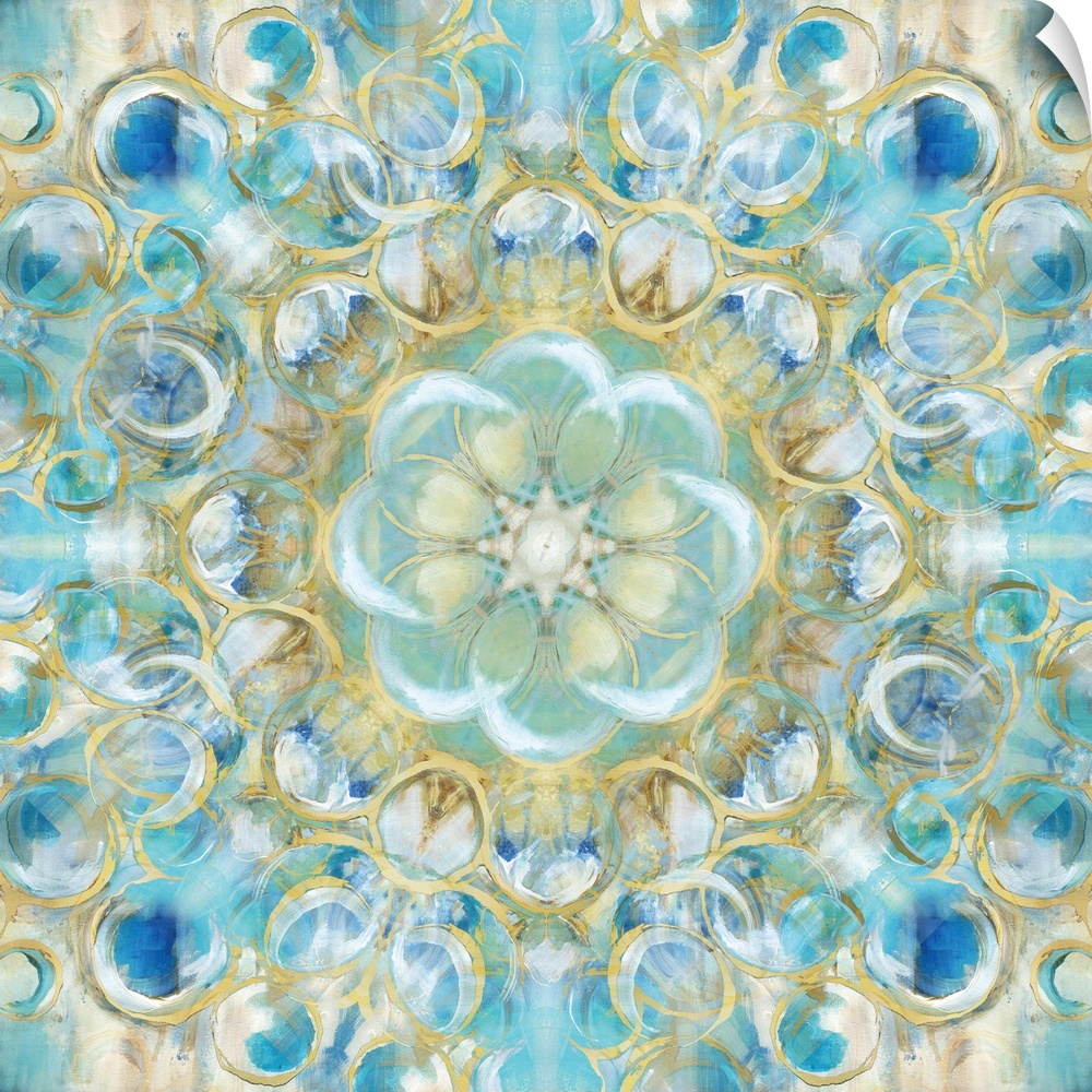 Kaleidoscope art with circular shapes forming together in shades of blue, white, and gold on a square background.