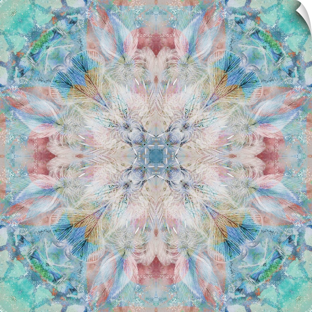 Kaleidoscope style abstract with feathers and shapes in blue, green, pink, orange, cream, and gold hues.
