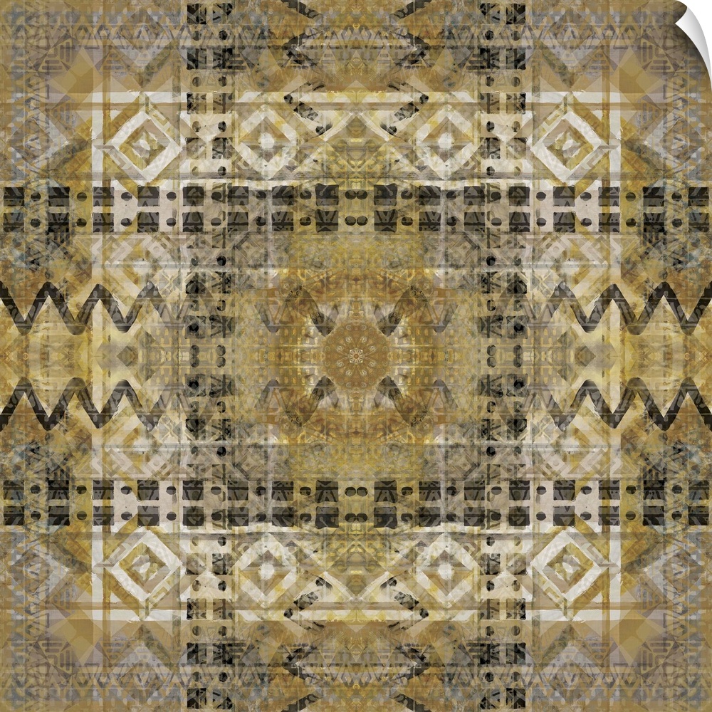 Large square painting made with black, white, and gold and patterns resembling a view through a kaleidoscope.