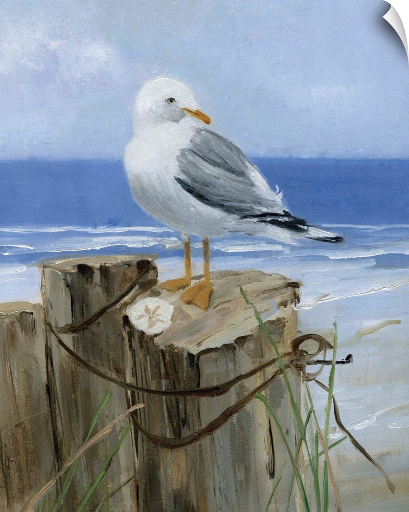 Contemporary painting of a seagull perched on a wooden post with a sand dollar and the ocean in the background.