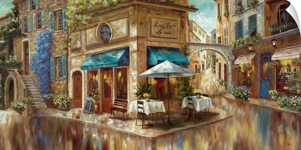 Contemporary painting of a cafe on a cute French street corner.