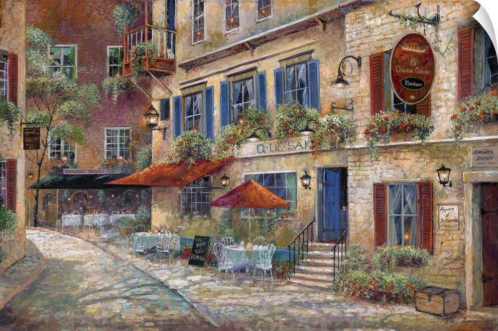 Contemporary art print of the facade of street cafes in rural France.