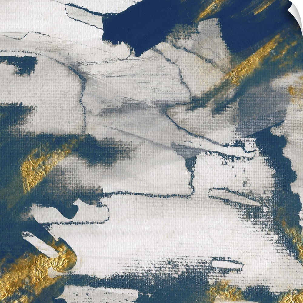 Modern abstract artwork with shades of deep blue accented with gold.