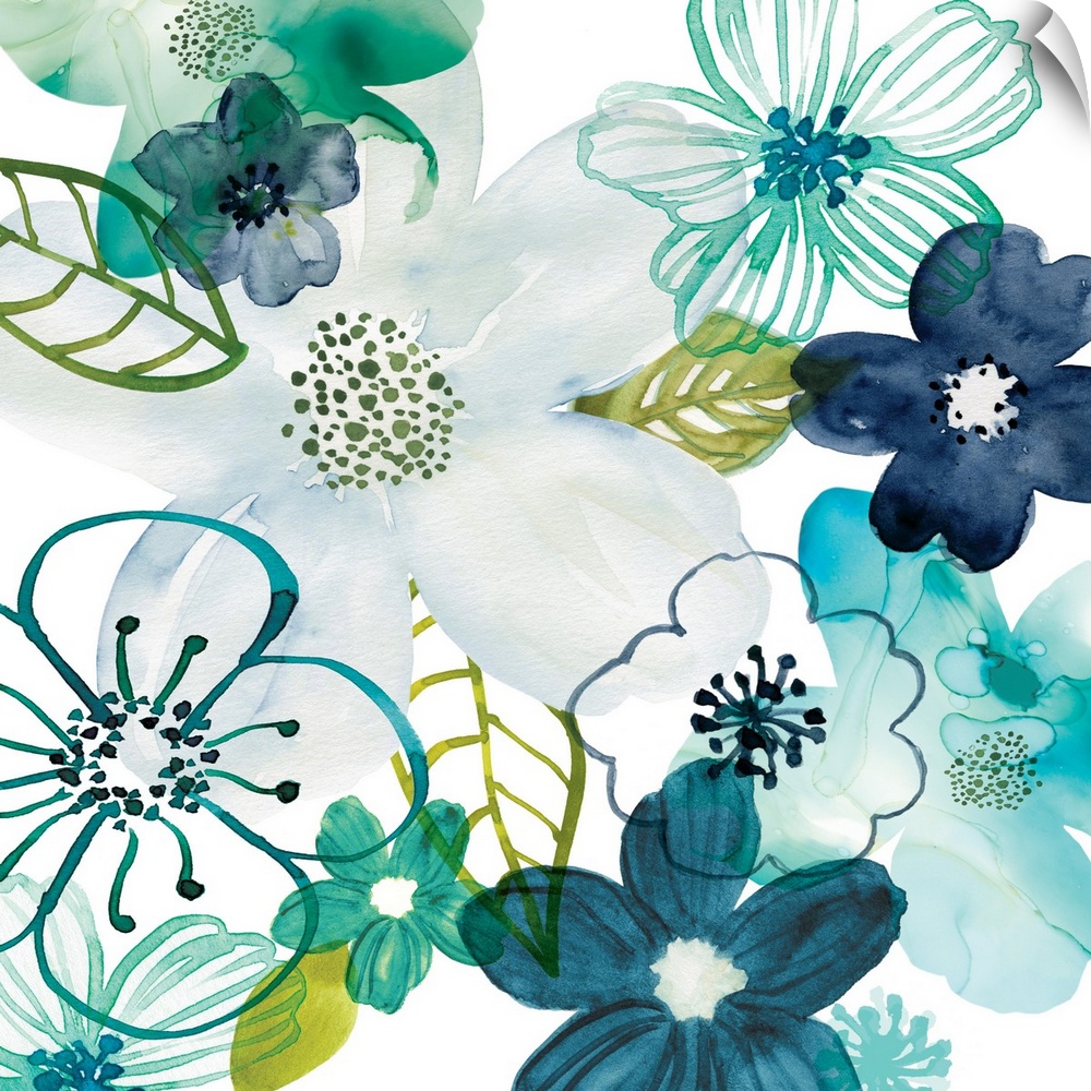 Square floral decor with watercolor flowers in shades of blue and green on a white background.