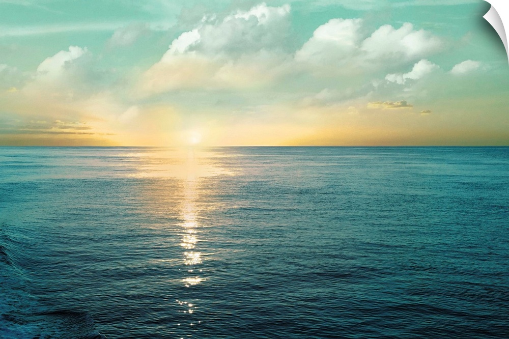 A photo of a solace sunrise glimmering on the ocean as it ascends to the sky.