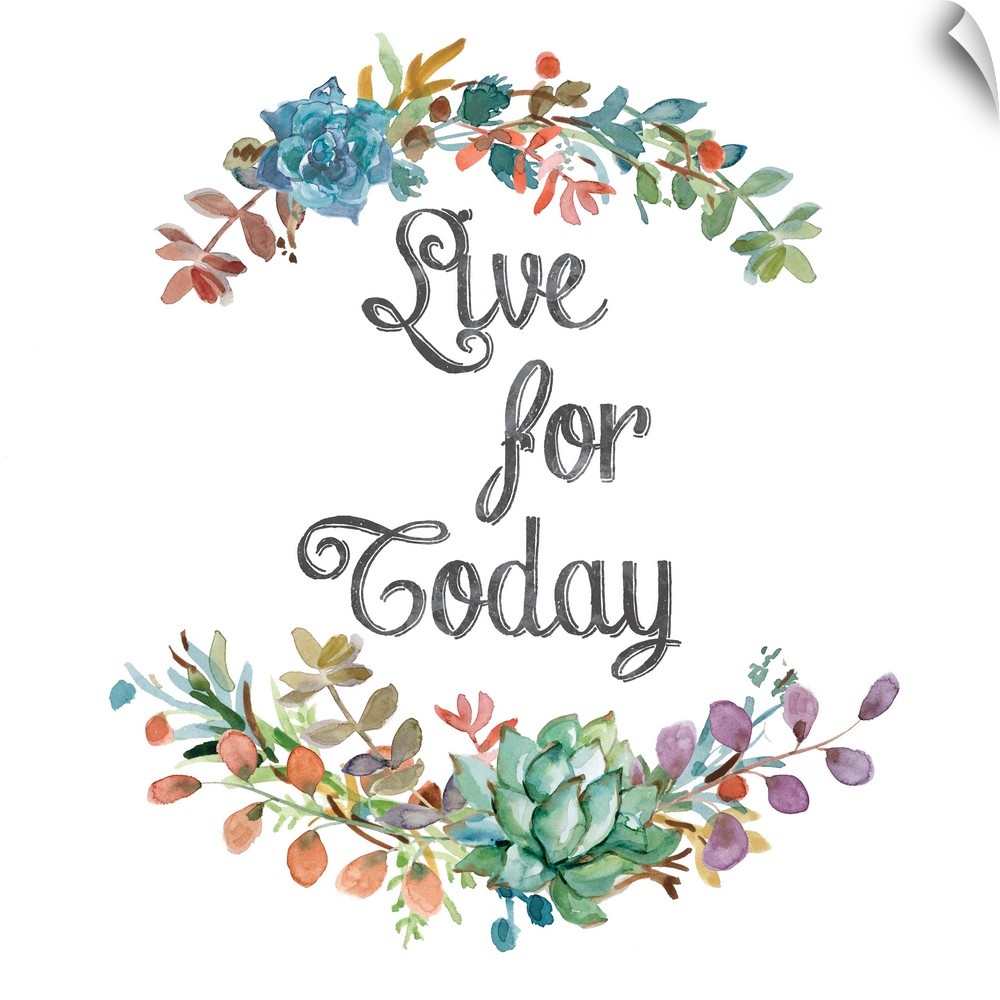 Square watercolor painting with floral arches made out of colorful leaves and succulents enclosing the phrase "Live for To...