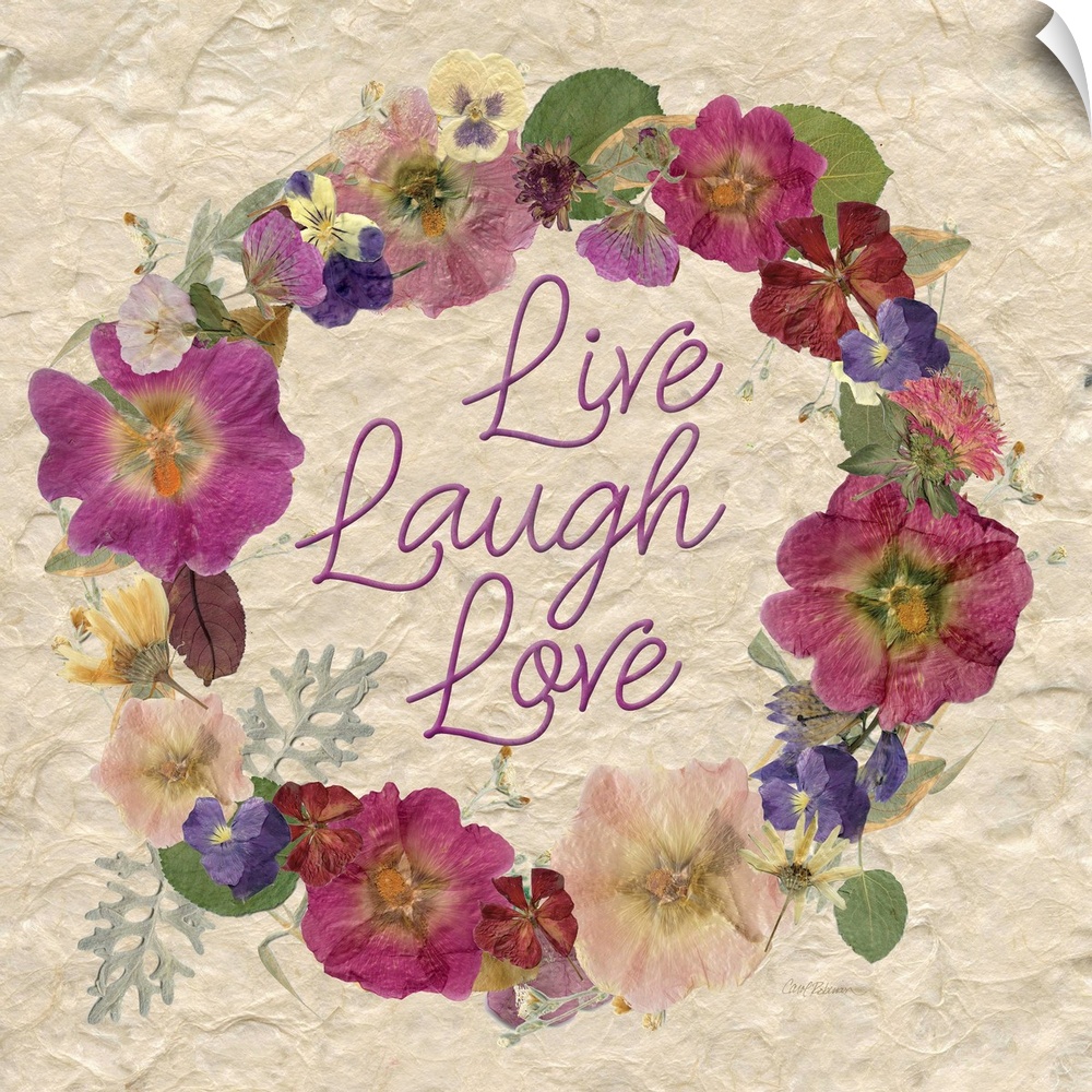A wreath of various dried flowers and foliage surround the words, "Live, laugh, love" on a natural fibrous paper.