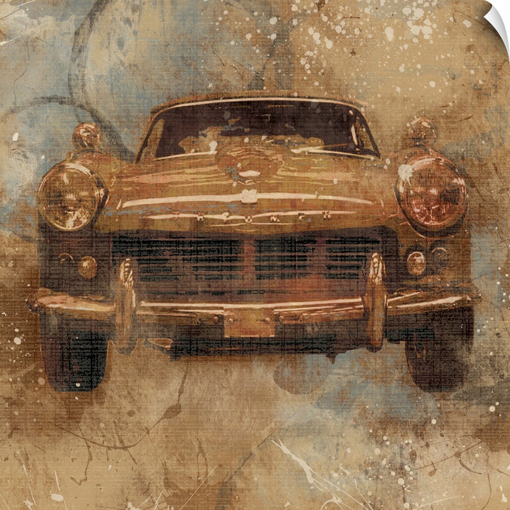 Contemporary artwork of a sports car with an overall grungy and distressed look to it.
