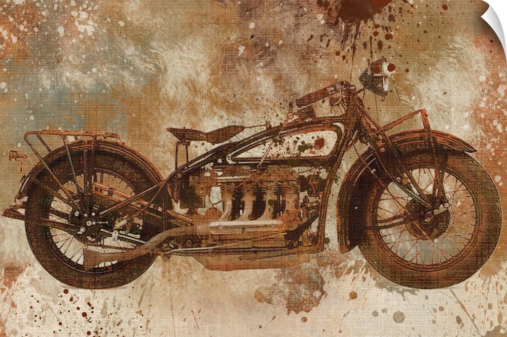 Contemporary artwork of a motorcycle with an overall grungy and distressed look to it.