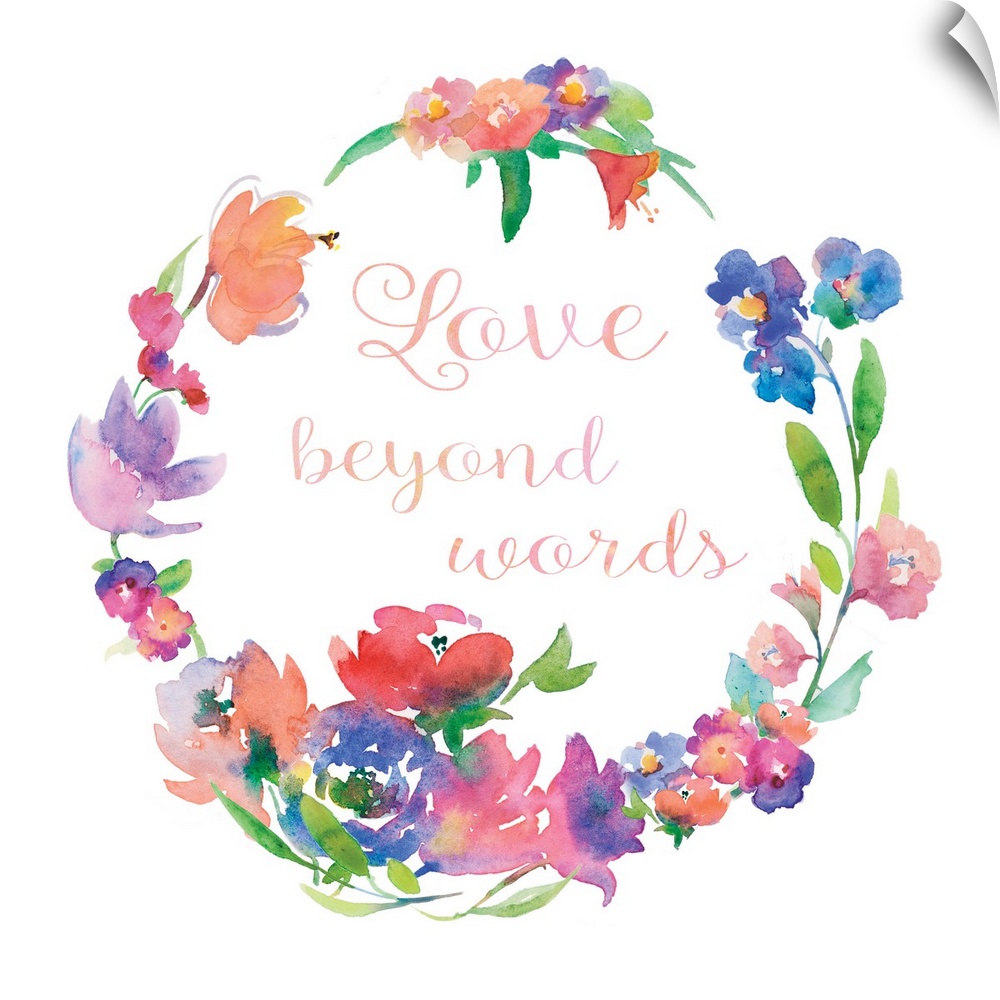 "Love Beyond Words" written in cursive inside of a watercolor floral wreath on a white square background.