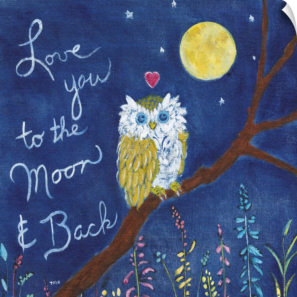 A painting of an owl perched on a branch with a moon in the background near the words "Love you to the moon and back".