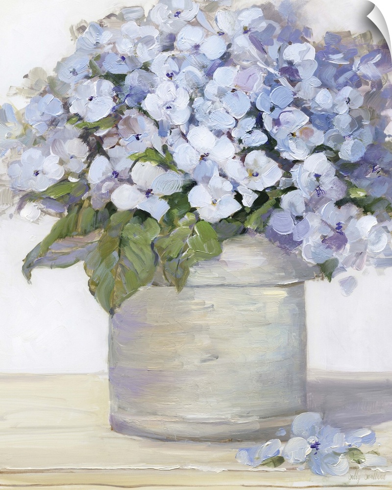 Large still life painting of arranged lavender hydrangeas on a table.