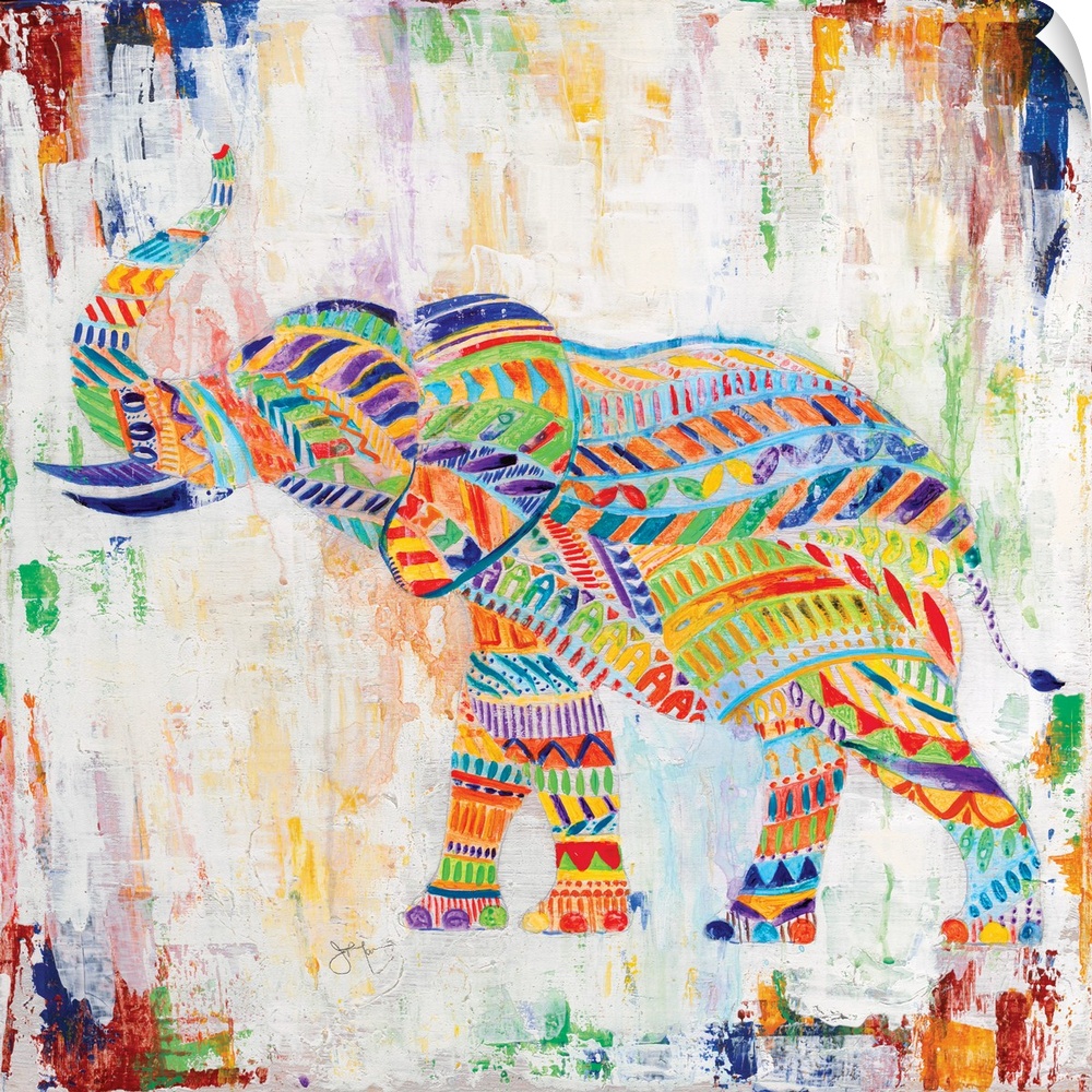 A painting of an elephant made up of unique multi-colored designs.