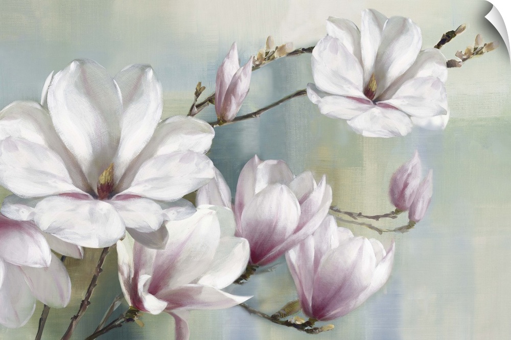A contemporary painting of magnolia flowers with blue, green, and pink hues.